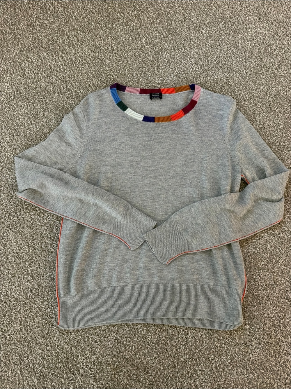 Splendid Light Gray Crewneck Sweater with Rainbow Rib Trim